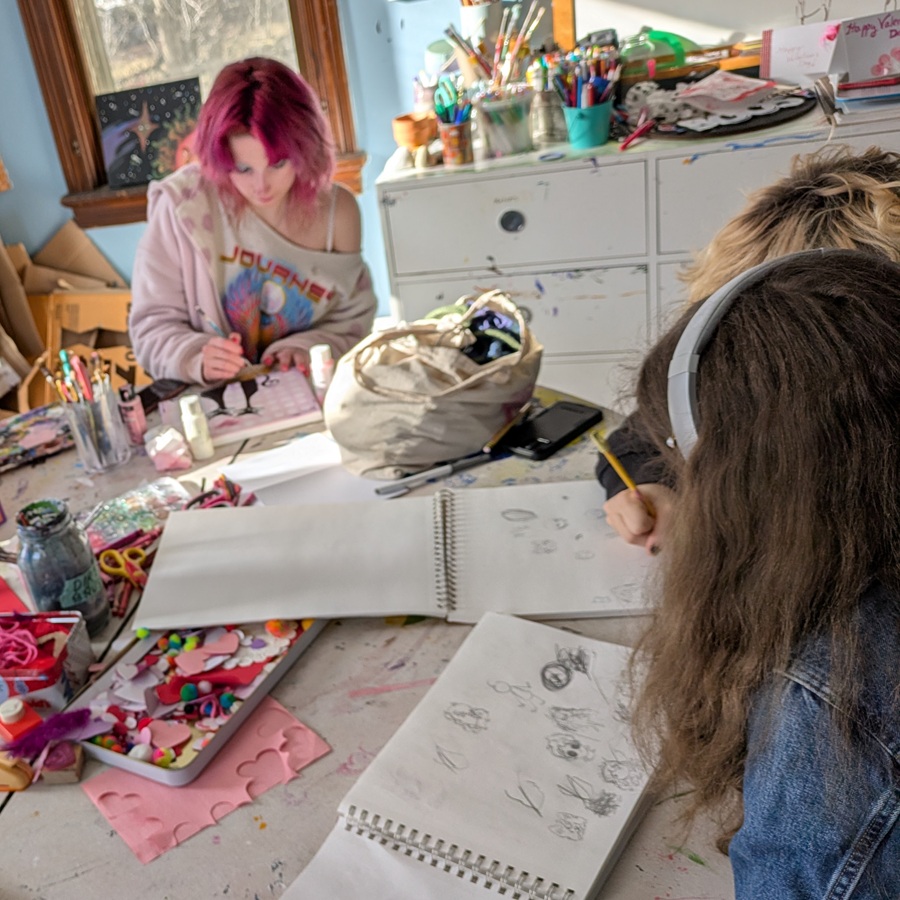 Teens in the Art Room drawing and painting at RLC Connect teen social enrichment program